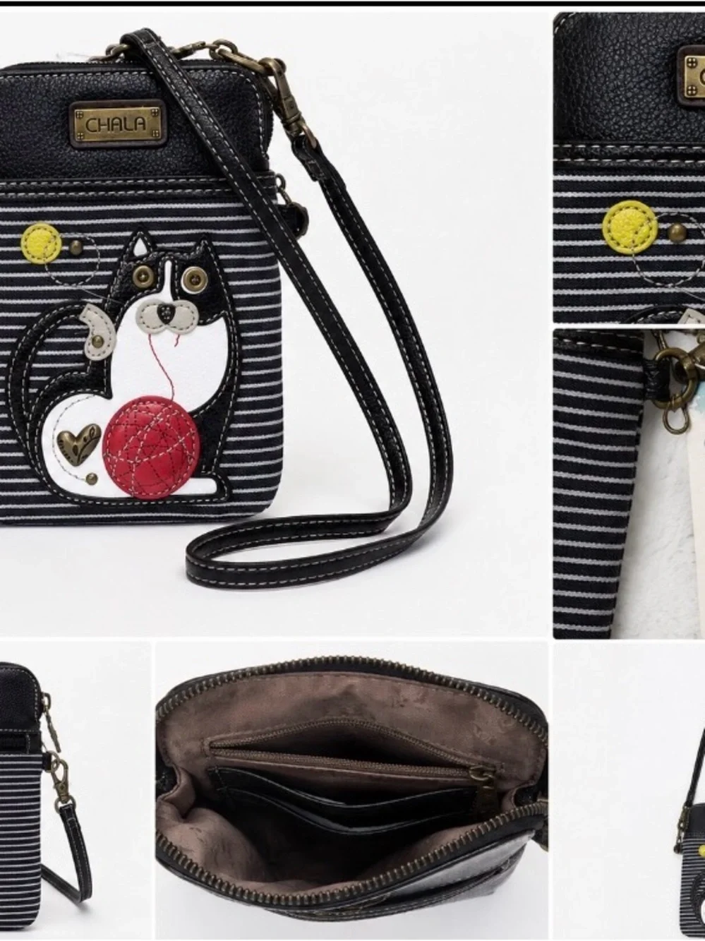 Chala Black Striped Crossbody with Cat Appliqué and Red Ball NWT